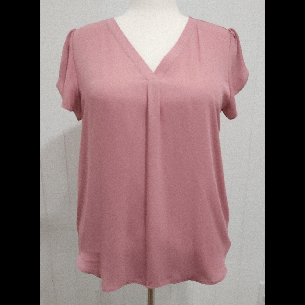 LOFT Blouse Size Large Pink Petal Sleeve Button Back Vneck